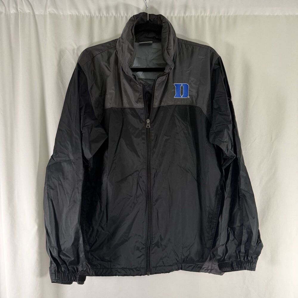 Duke Blue Devils Columbia Windbreaker Men's Medium Black Grey Packable Hood Zip